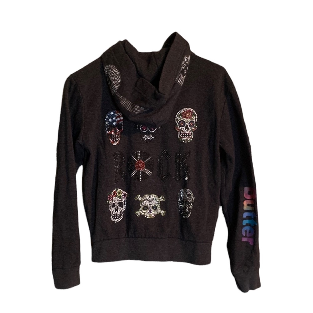 KIDS Butter zipped gray hoodie rock n roll themed w headphone embellishment